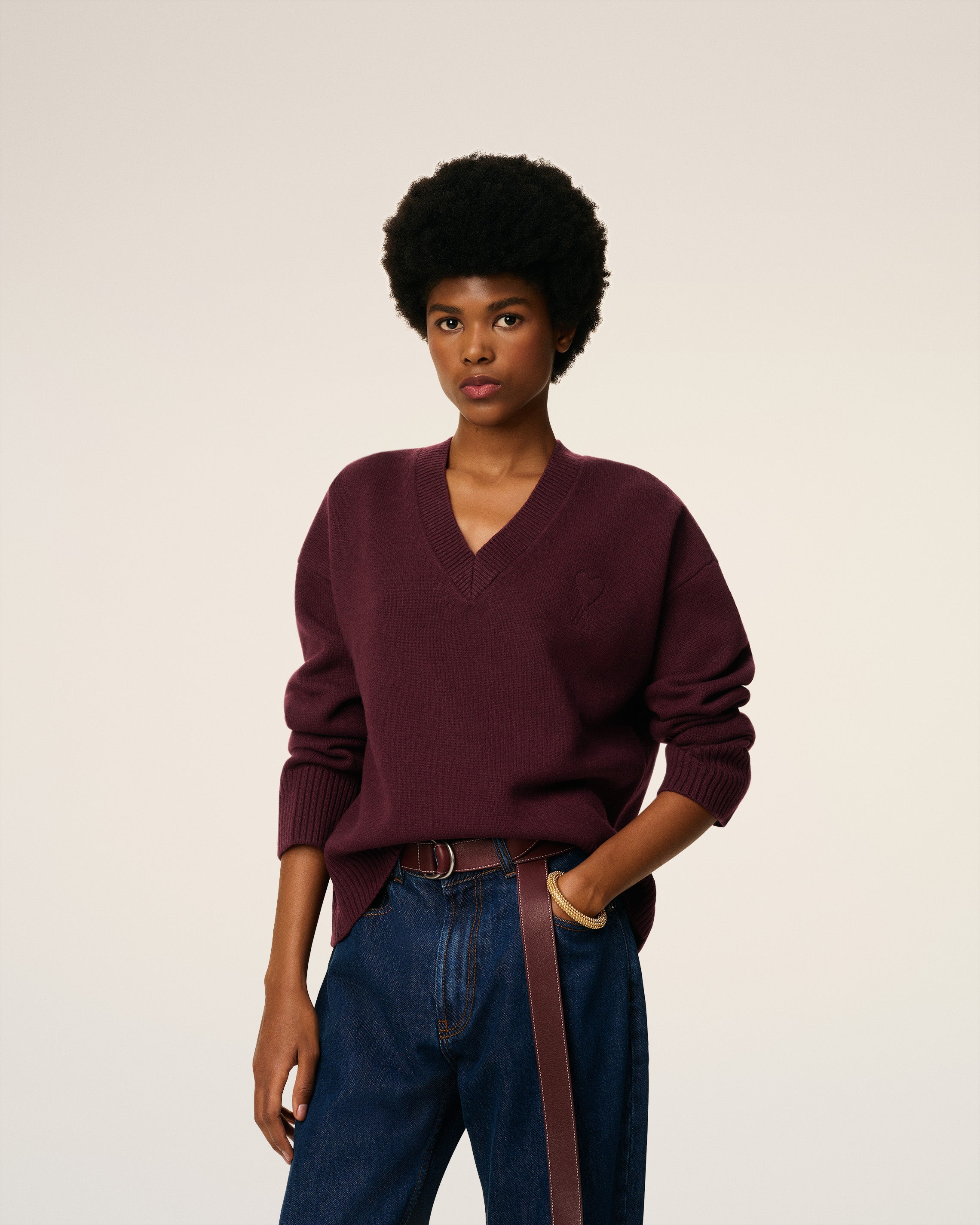 Pull Bordeaux Col V Ami De Coeur En Laine
