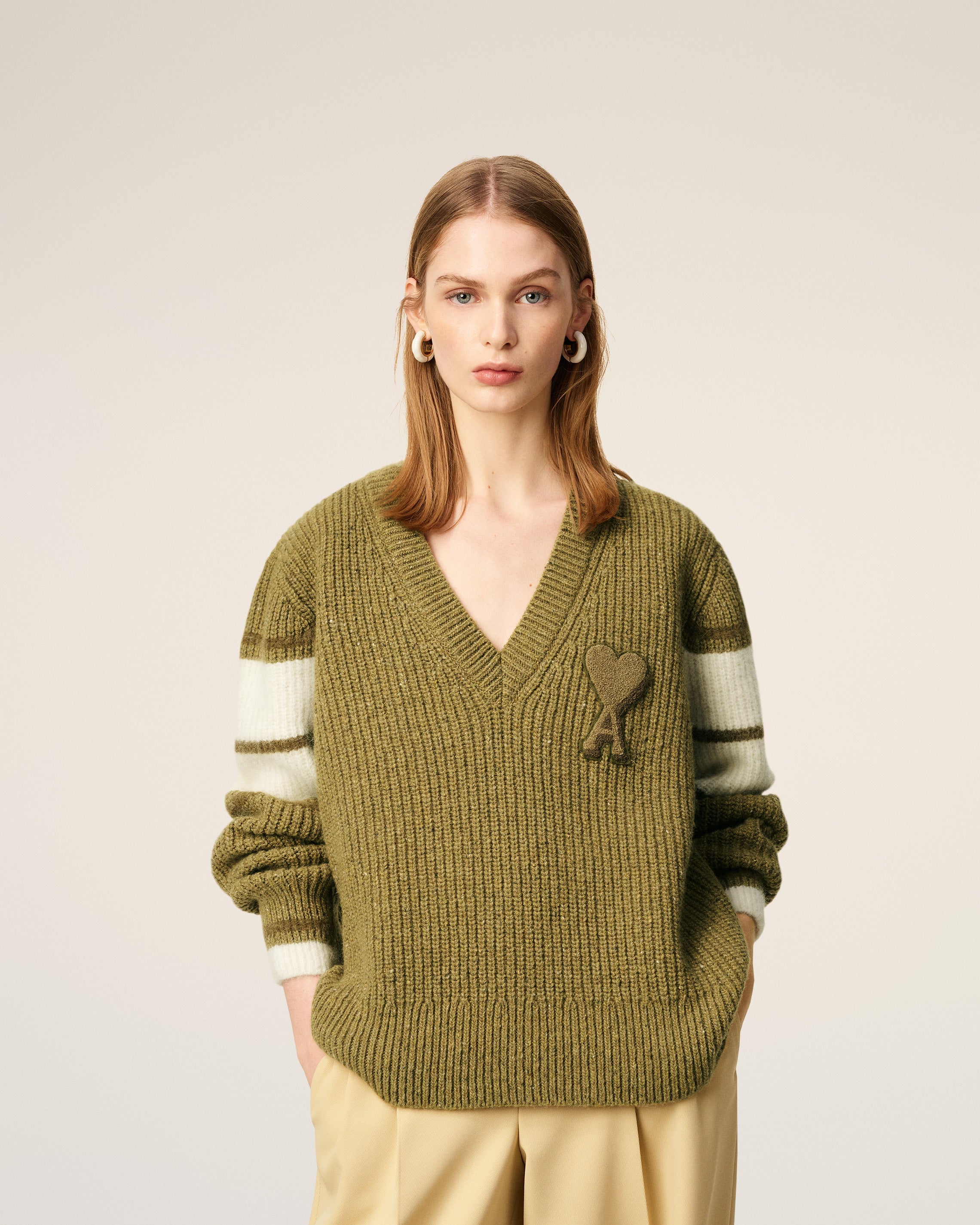Pull Vert College En Laine Côtelée