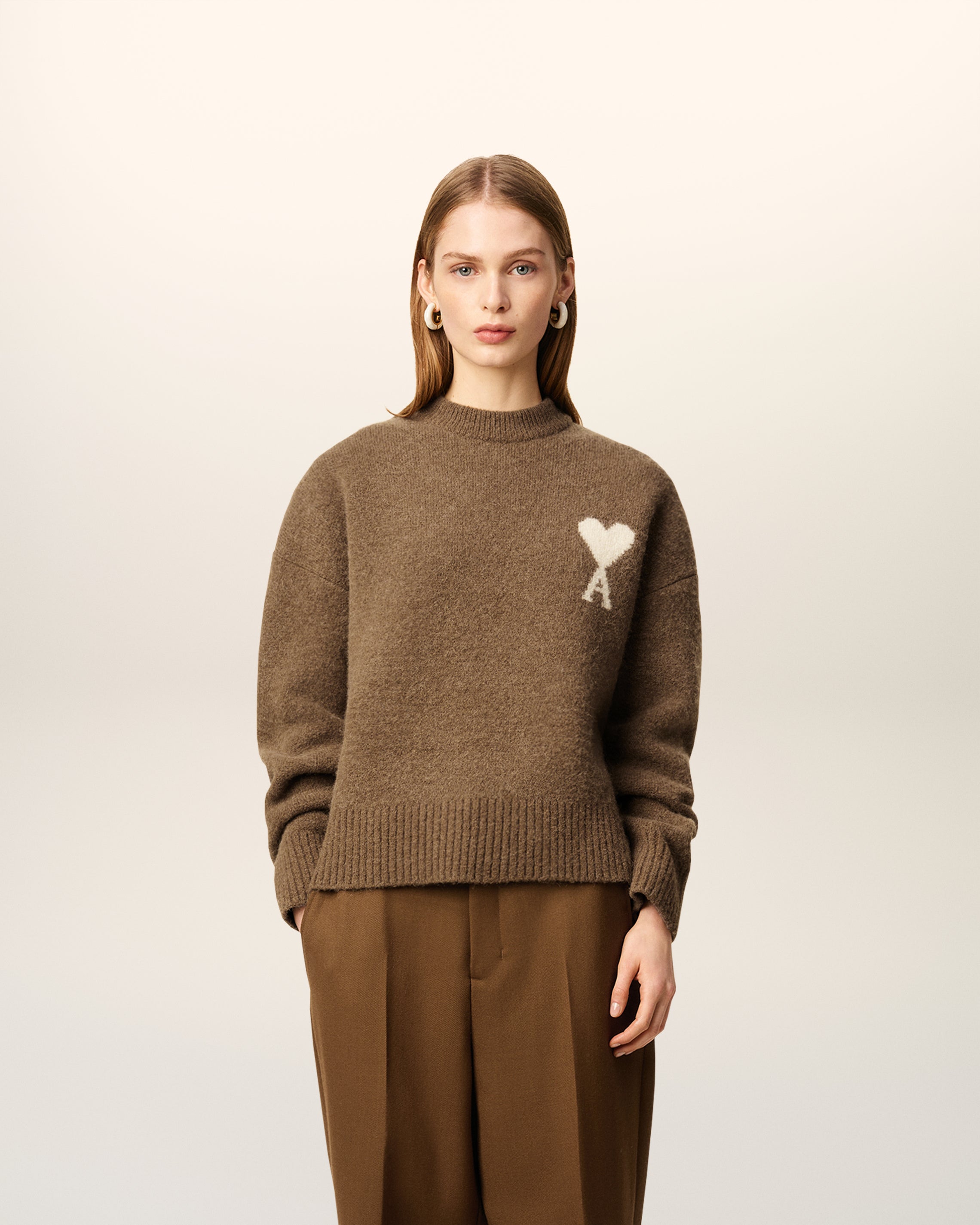 Pull Marron Col Rond Ami De Coeur En Alpaga