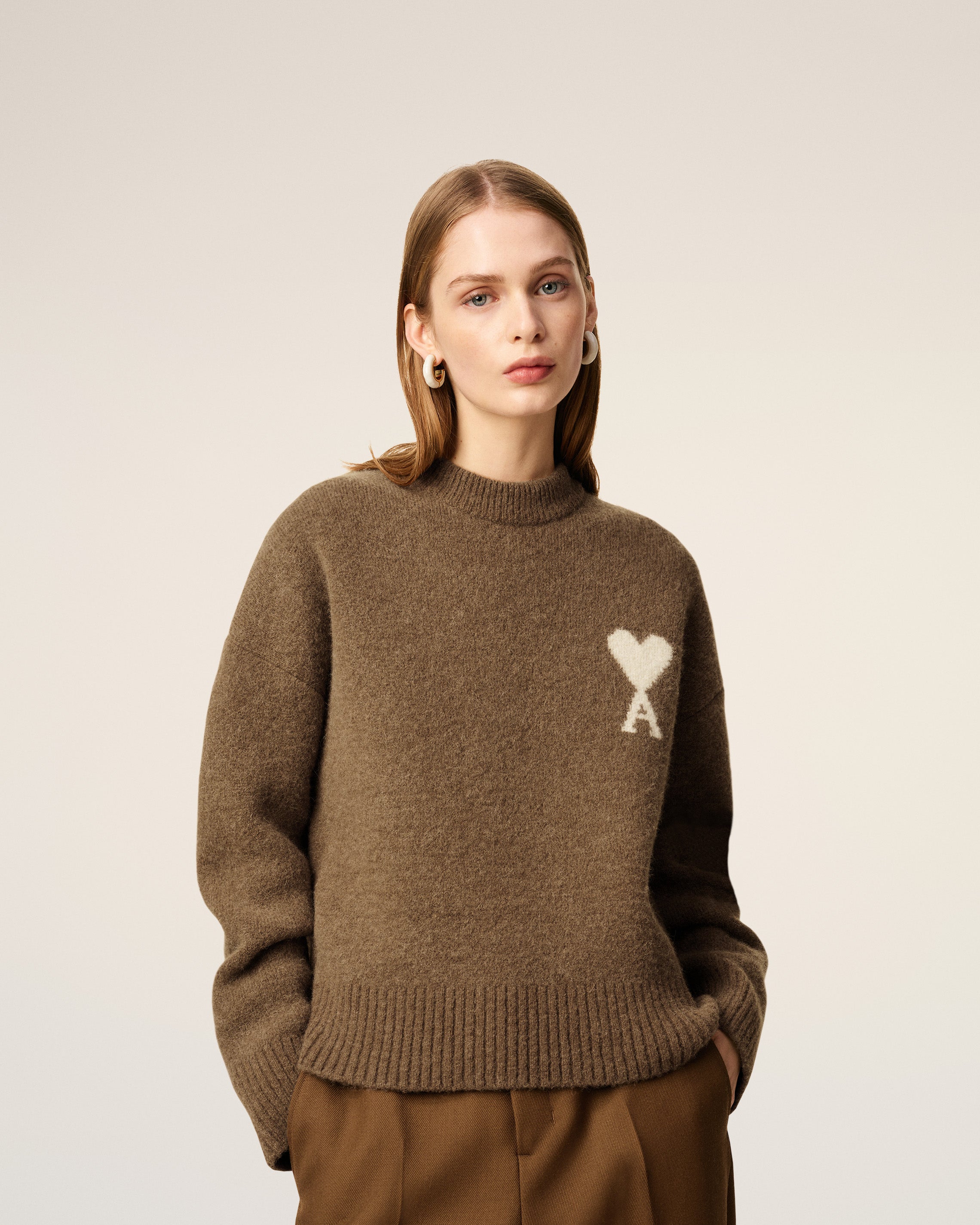 Pull Marron Col Rond Ami De Coeur En Alpaga