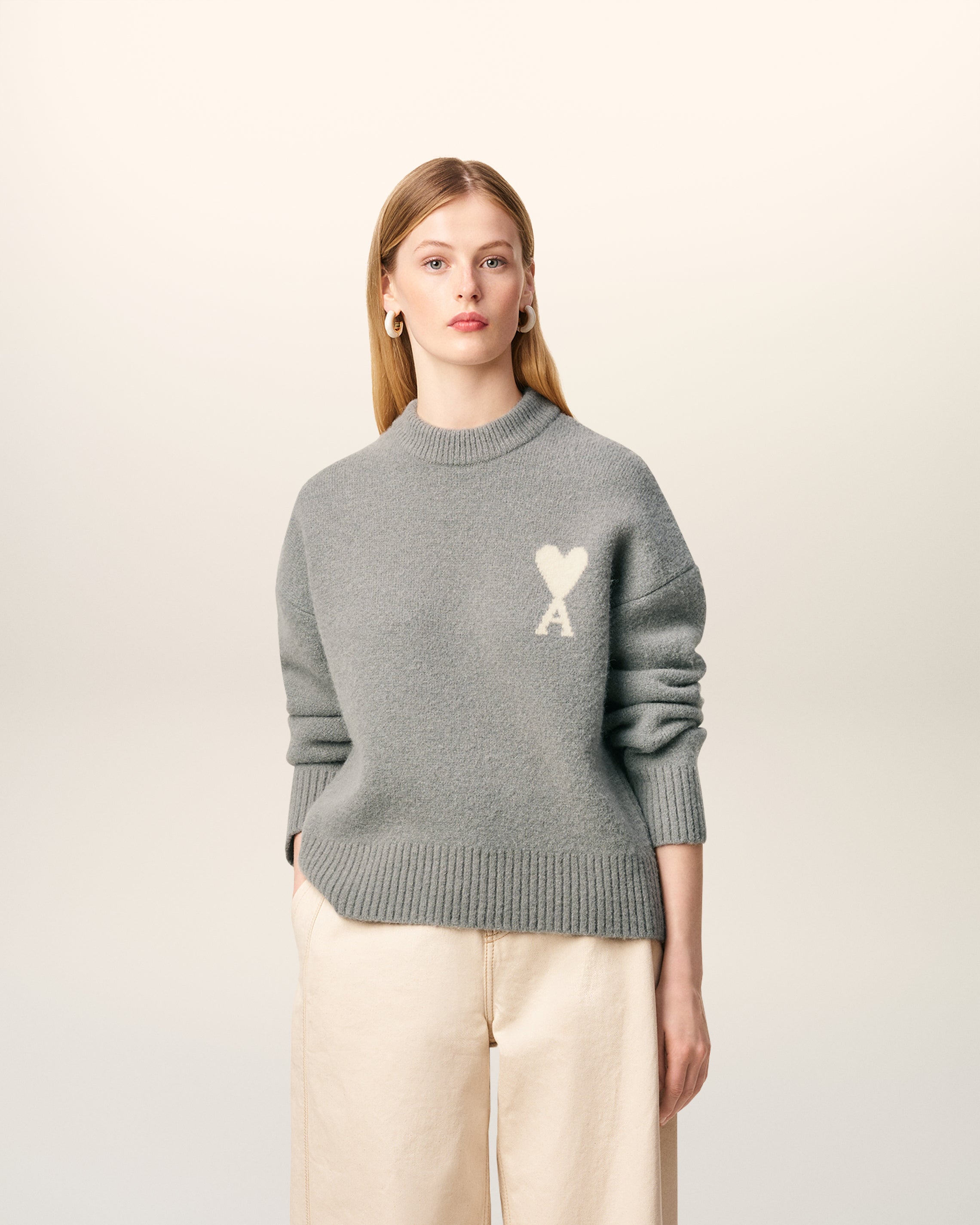 Pull Gris Col Rond Ami De Coeur En Alpaga