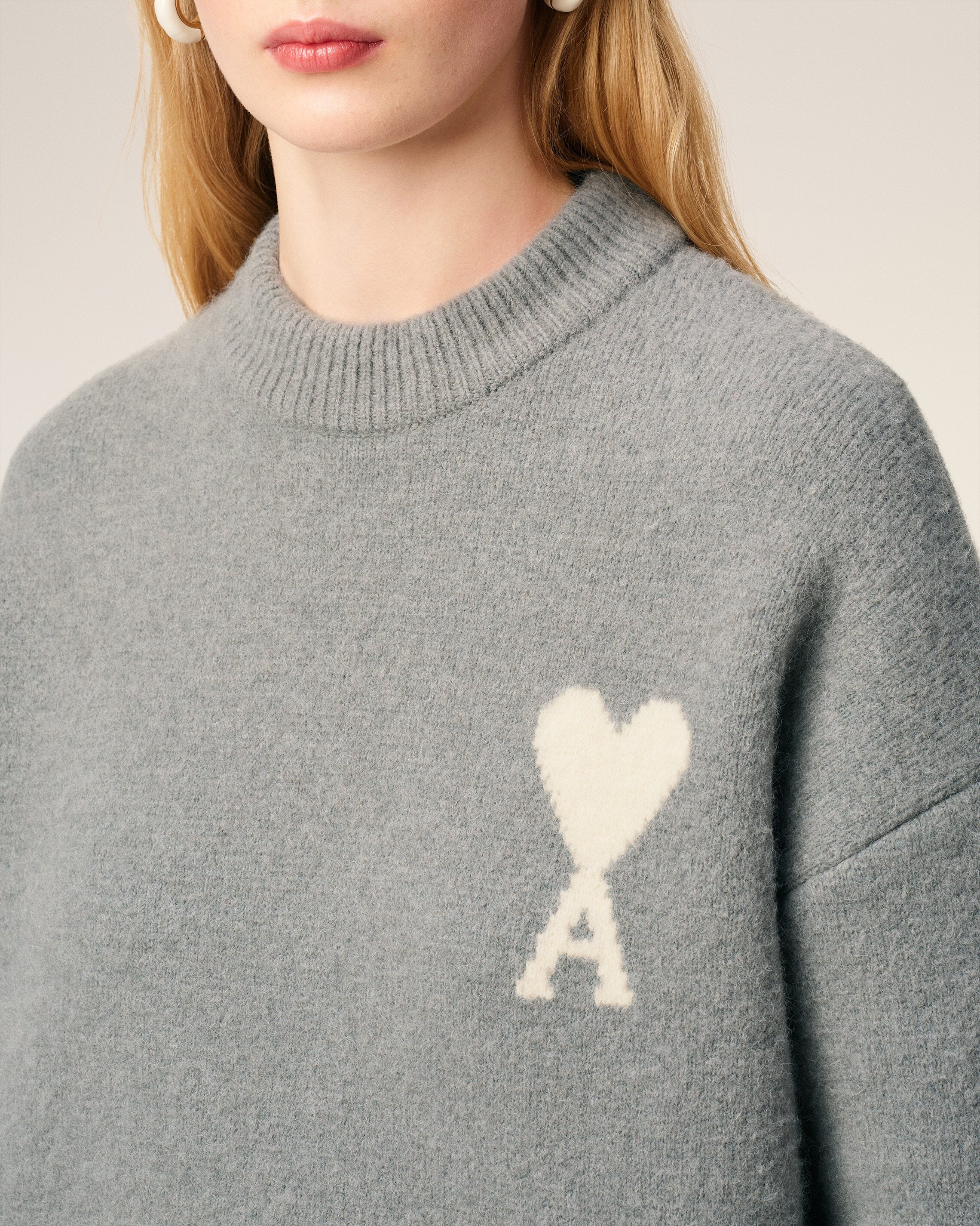 Pull Gris Col Rond Ami De Coeur En Alpaga