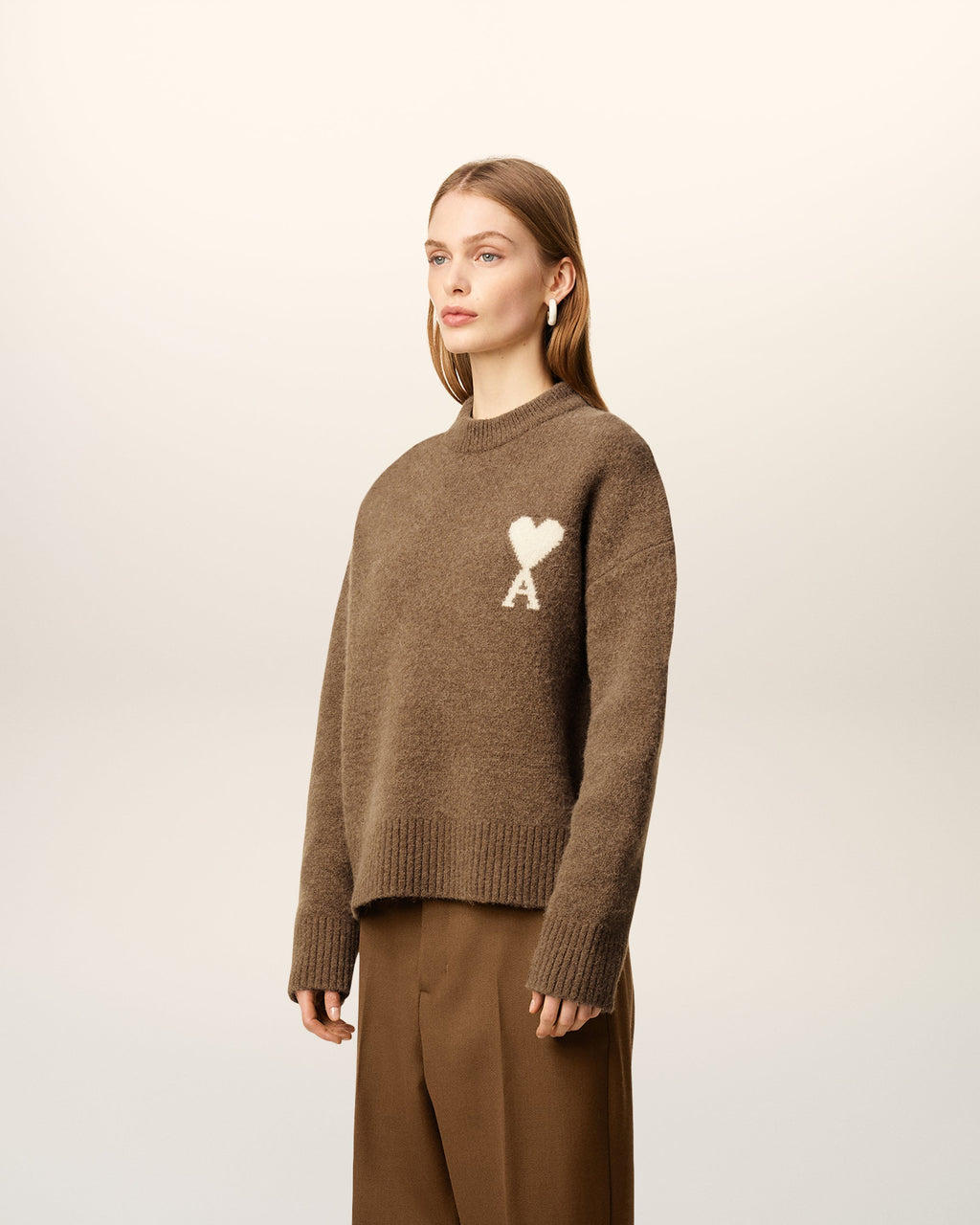 Pull Marron Col Rond Ami De Coeur En Alpaga