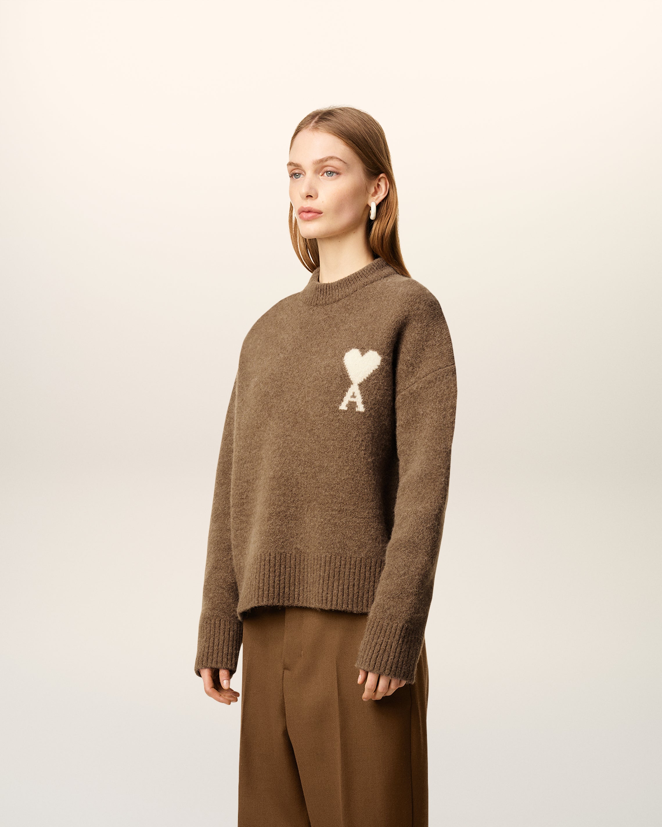 Pull Marron Col Rond Ami De Coeur En Alpaga