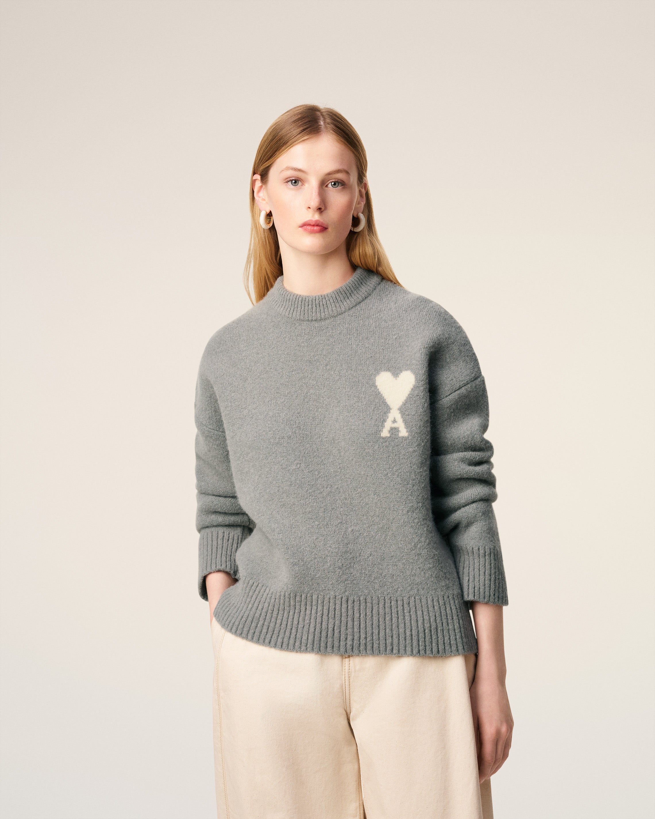 Pull Gris Col Rond Ami De Coeur En Alpaga