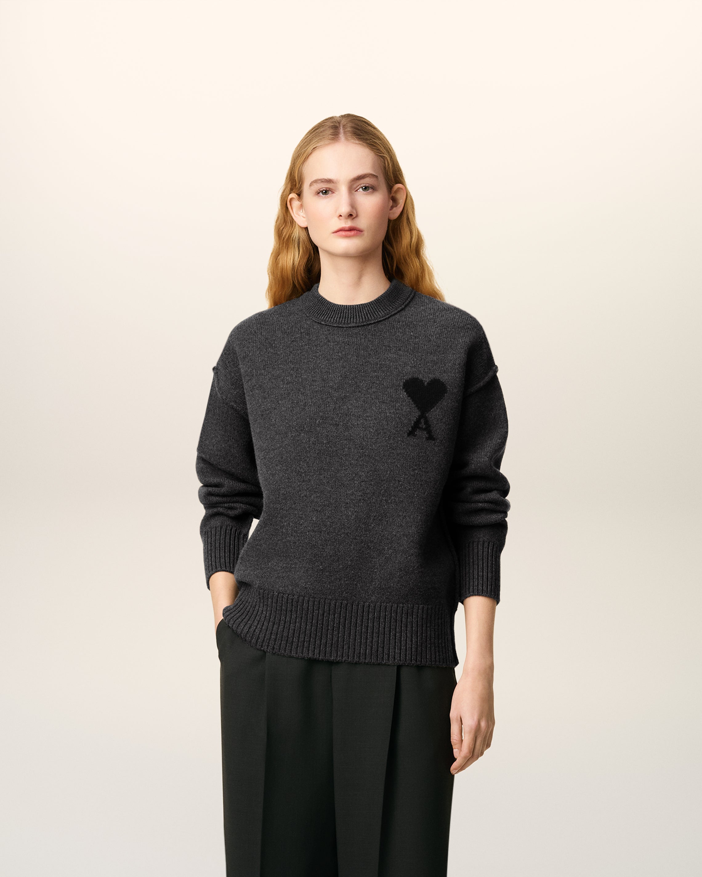 Pull Gris Col Rond Ami De Coeur En Laine