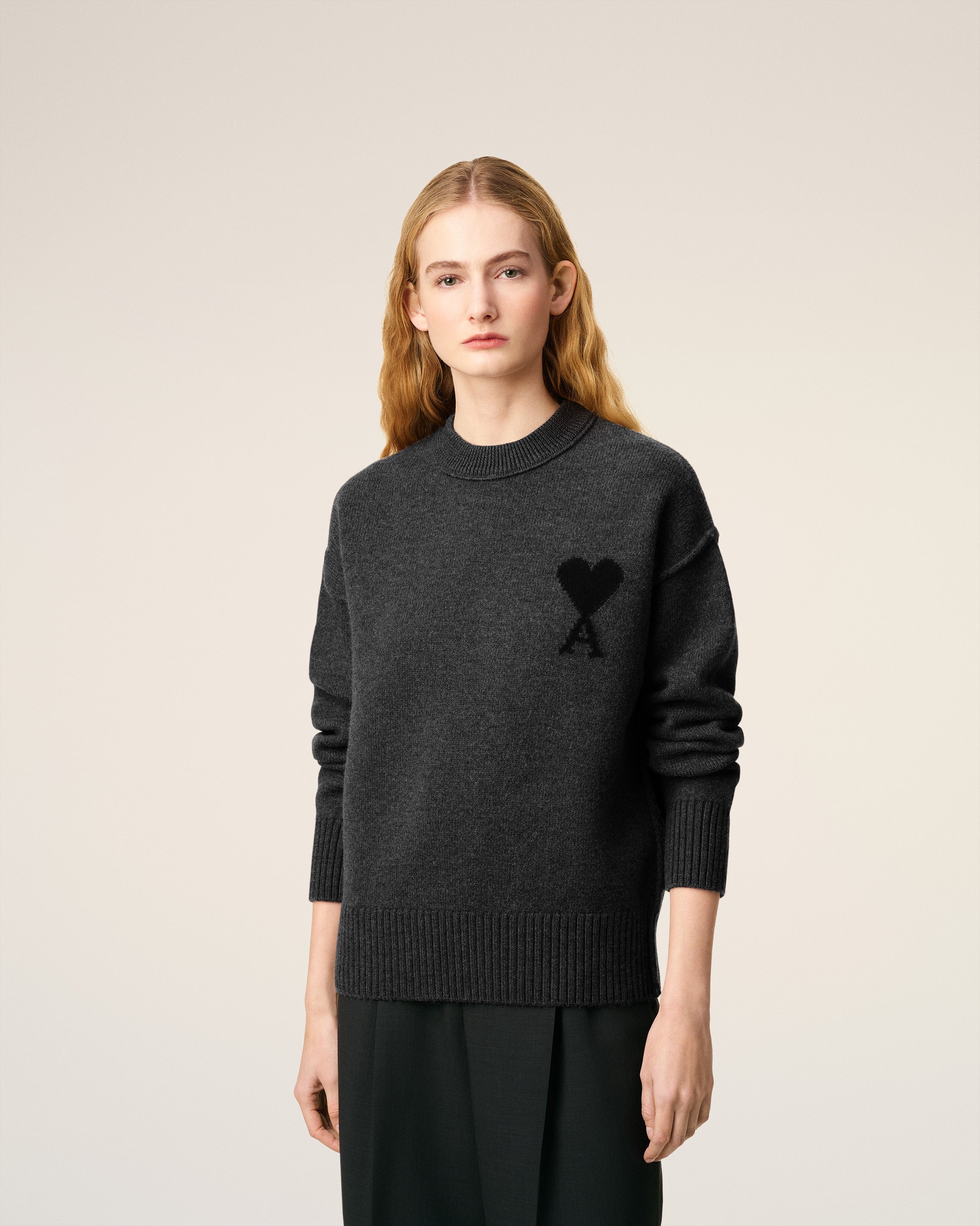 Pull Gris Col Rond Ami De Coeur En Laine